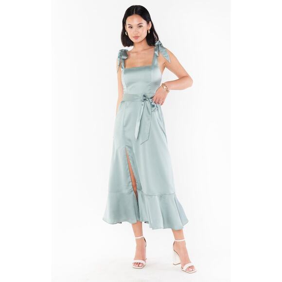Show Me Your Mumu Claire Midi Dress in Silver Sage Luxe Satin L NWT - Picture 3 of 6